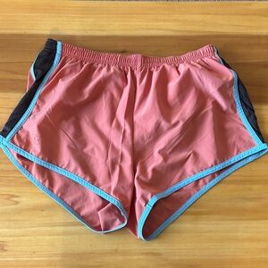 Champion Coral Orange Athletic Shorts with Aqua Trim and Brown Panels